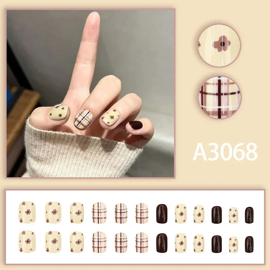 Watercolor Rose Fake Nail with Jelly sticker Press on False Nails Wearable Round Head Oval Full Cover Nail Tips