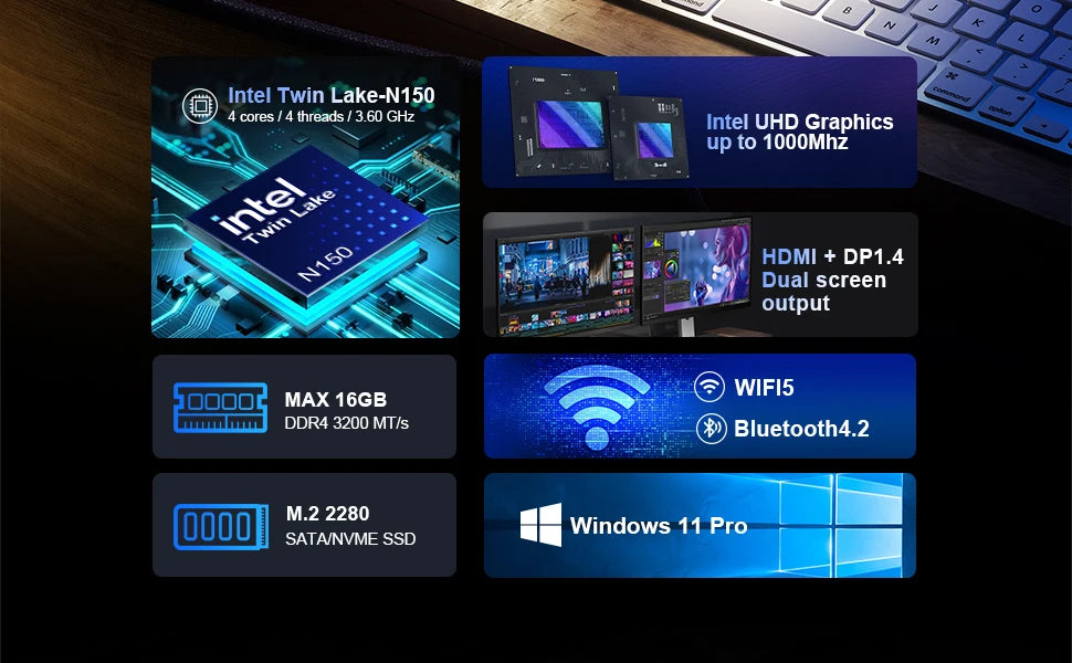 T10 Mini PC Intel Alder Lake N150 Windows 11 Ultra Small Pocket Computer 4K 60Hz Output  Wifi5 BT4.2