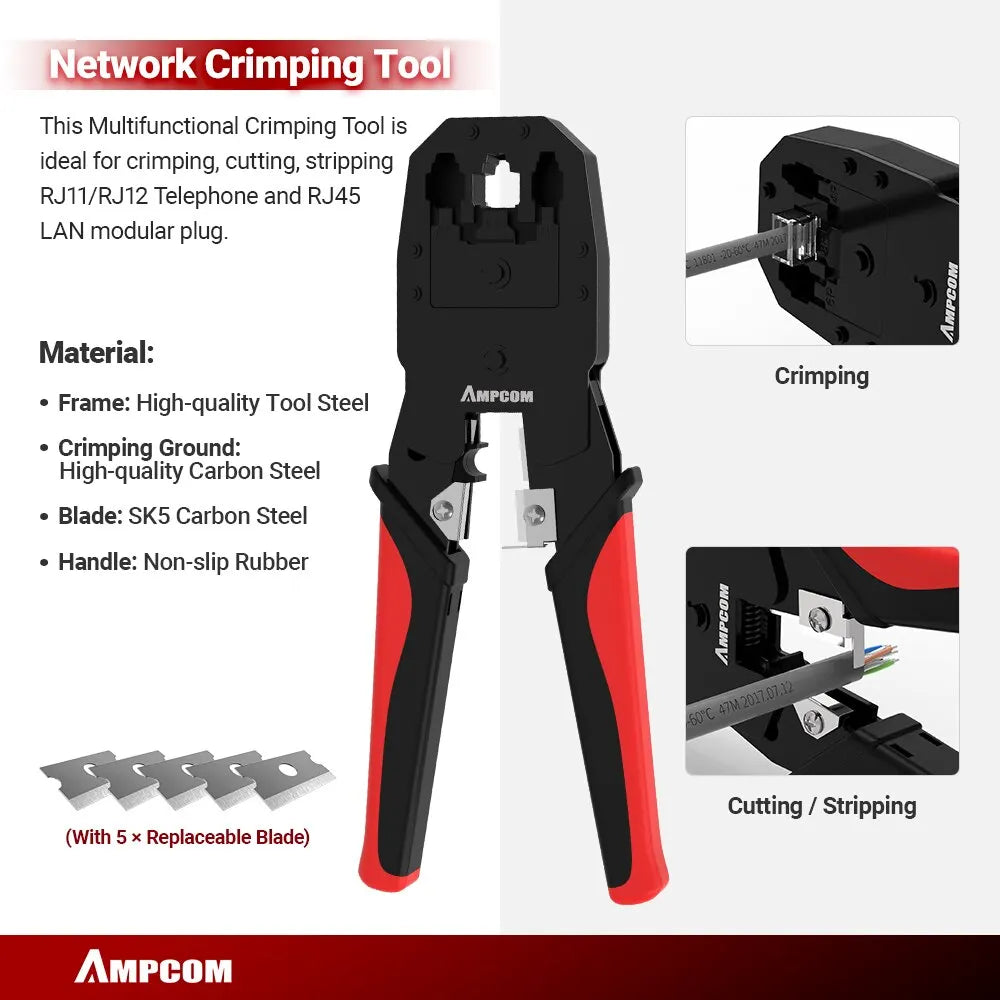 AMPCOM RJ45 Crimper Lan Tester Tool Set Ethernet Cable Stripper Punch Down Tool RJ 45 RJ11 Connectors 12 in 1 Cabling Repair Set