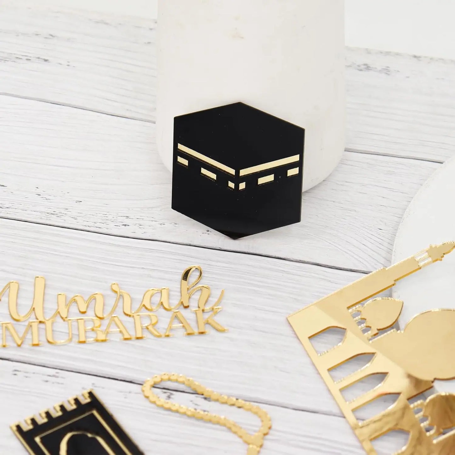 Paxrmuky Golden Muslim Umrah Mubarak Topper Hajj Mubarak Cake Topper and Charm Set of 4