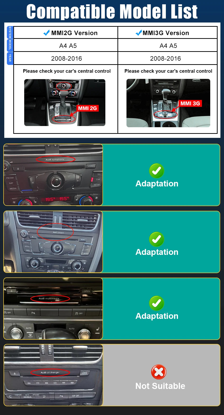 Wireless CarPlay Android Auto MMI Interface for Audi A4 B8 A5 Q5 2008-2016 with AirPlay Mirror Link Functions Reverse Camera