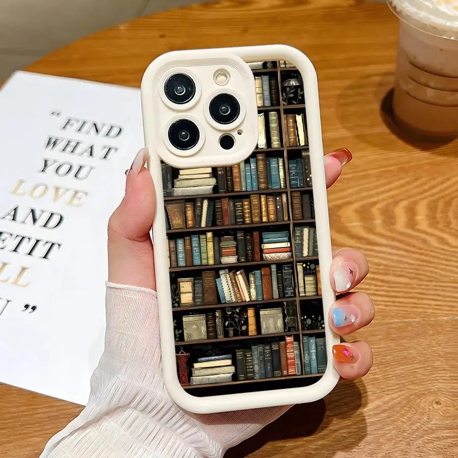 Vintage Bookshelf Kitten Phone Case for iPhone 16 15 Pro Max 13 12 11 14ProMax 16Plus 12Pro 16e Soft Cover