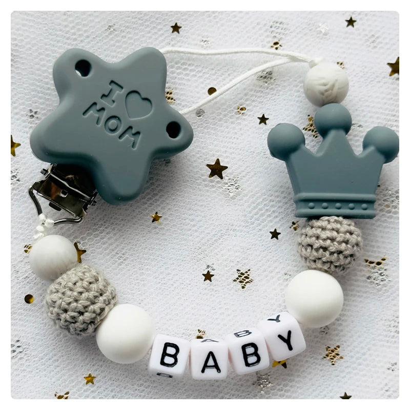 NEW Custom Personalized Name Pacifier Clip Handmade Beech Wooden Chain Silicone Crown Holder Soother Baby Teething Toy Chew Gift