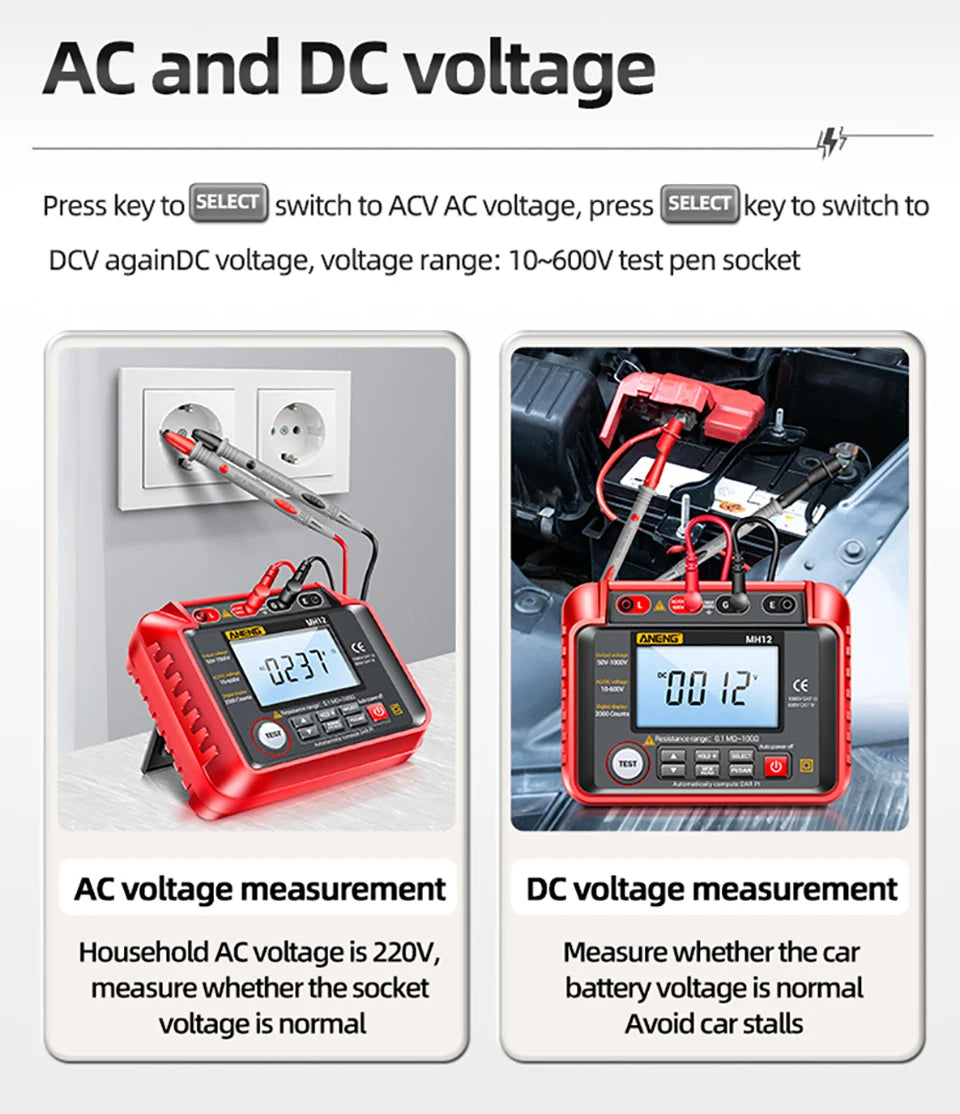 ANENG MH12 Digital Megohmmeter Meters  Insulation Earth Resistance Meters Tester cable High Voltage Voltmeter Meter