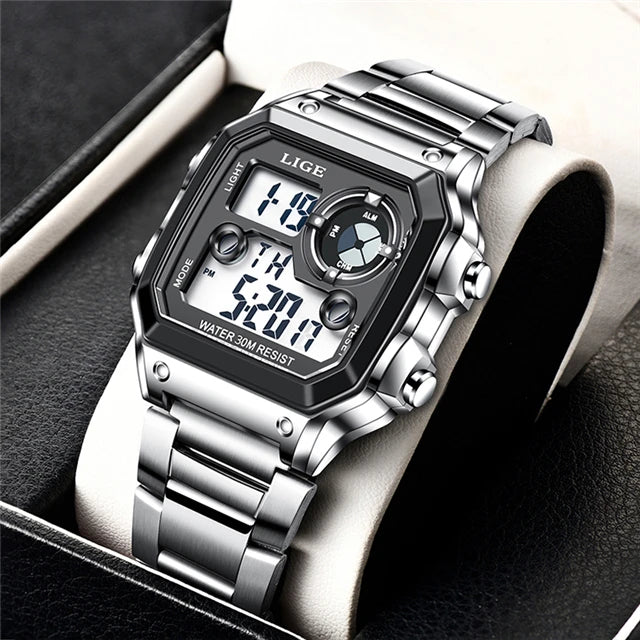 LIGE New Sport Mens Watches FOXBOX Brand Luxury Square Watch For Men Fashion Waterproof Dual Display Watch Relogio Masculino+box