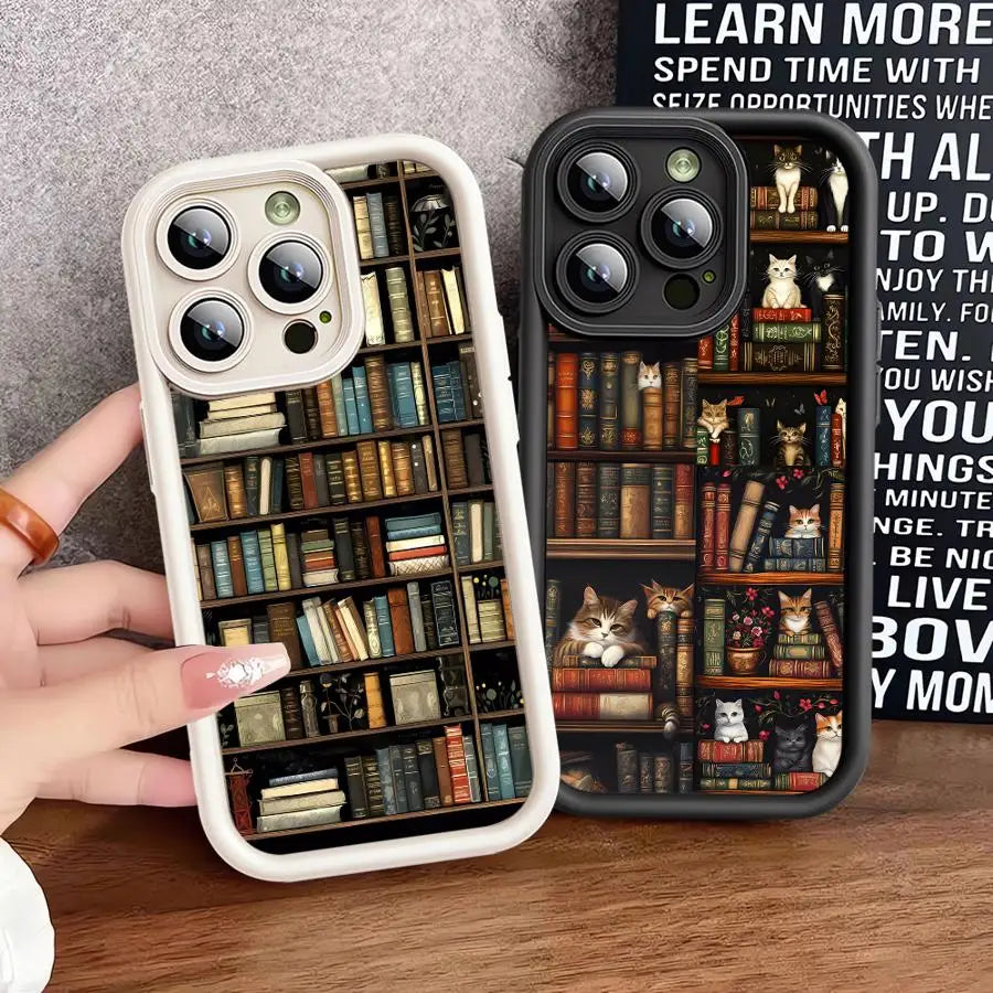 Vintage Bookshelf Kitten Phone Case for iPhone 16 15 Pro Max 13 12 11 14ProMax 16Plus 12Pro 16e Soft Cover