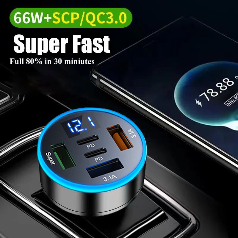 UYUXIO 5 in 1 USB Car Phone Charger Adapter with Voltage Display Dual PD Port Super Fast Charge for iPhone Samsung Huawei OPPO