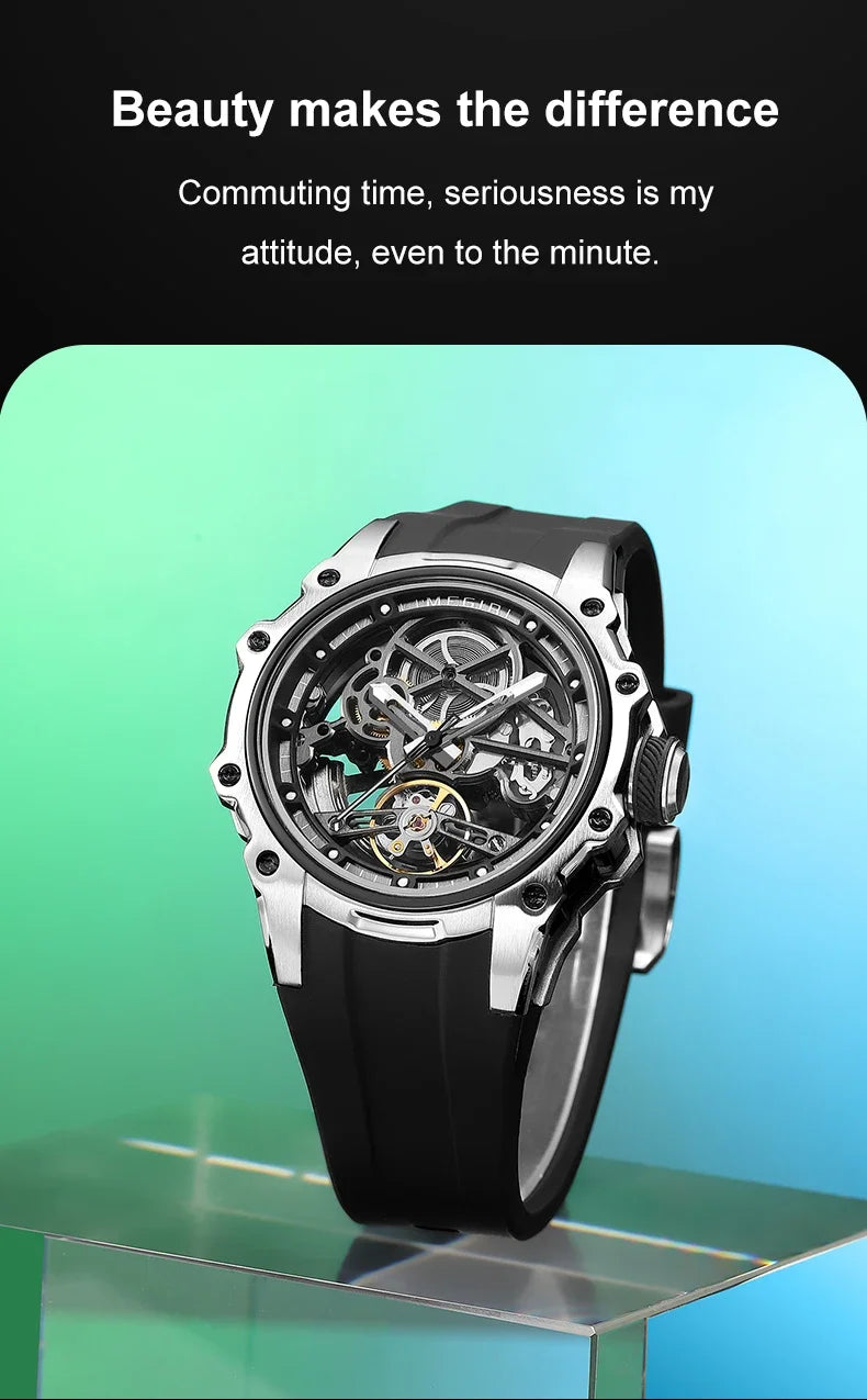 MEGIR Automatic Mechanical Luxury Watch Men Top Brand Stainless Steel 43mm Dial Watch Luminous Waterproof Men's Wristwatch