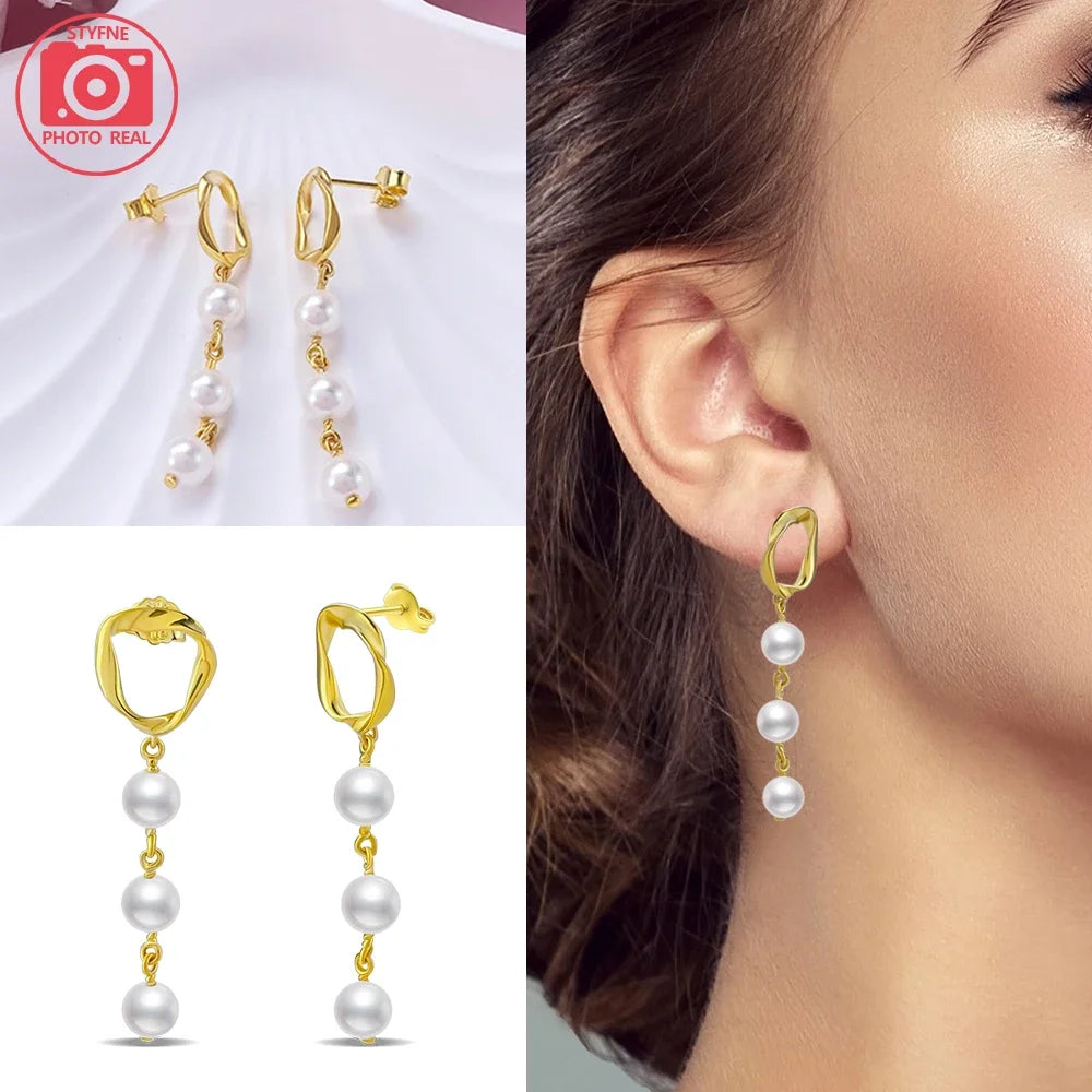 Sterling Silver S925 Pearl Gold Yellow Circular Hoop Earrings Drop Earring Original Charms Fine Jewelry for Women Elegant