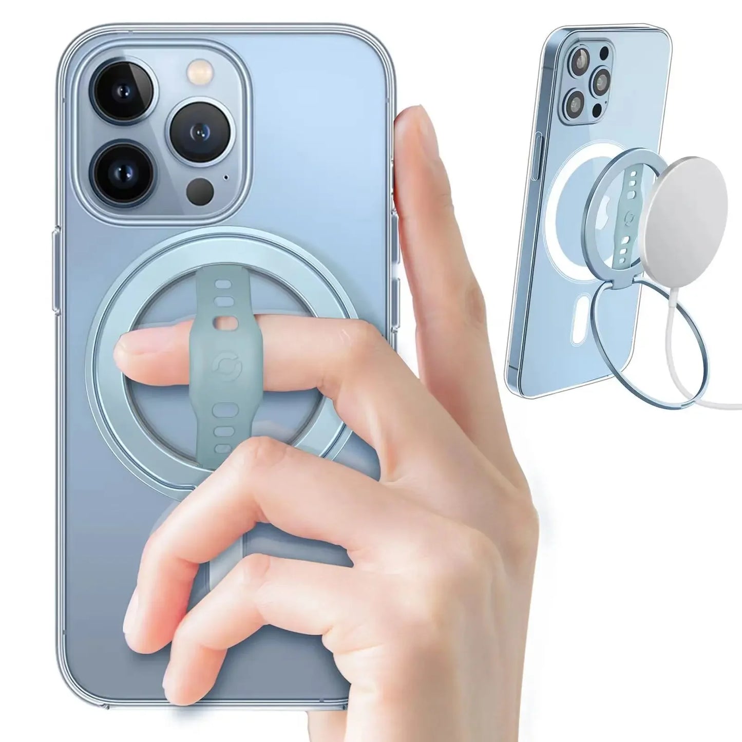 Magnetic Ring Phone Holder for Magsafe Wireless Charging Phone Grip Stand with Silicone Finger Strap Removable Car Phone Holder