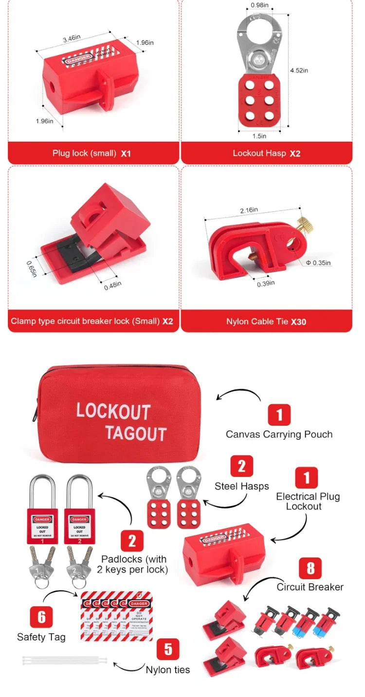 Red Electrical Lockout Tagout LOTO Kit with Pocket Bag Includes Safety Hasp Warning Tags Circuit Breaker Locks Nylon Ties