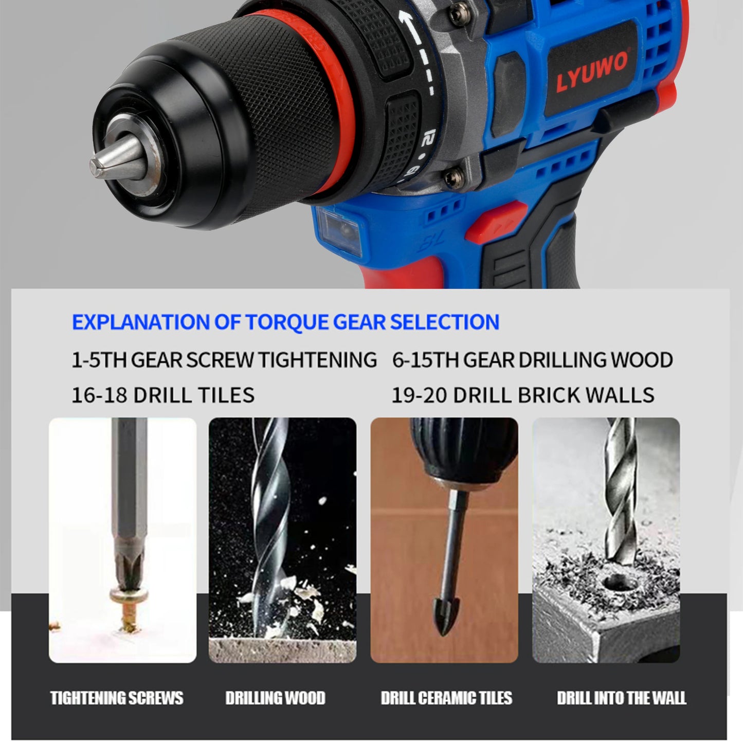 LYUWO 16V Brushless Cordless Drill 70N.m Self-locking Chuck Electric Screwdriver 20+1 Torque Settings 2-Speeds Power Tools