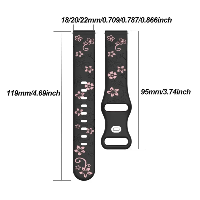 Two-color Flower Design Floral Engraved Silicone Strap 18/20/22mm, For Amazfit GTR, Huawei,Garmin Samsung Galaxy Watch 7 6 5 4