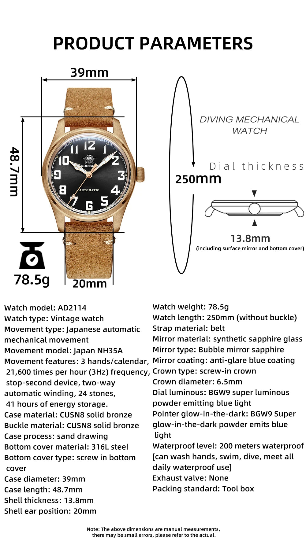 ADDIESDIVE 39mm Vintage CuSn8 Bronze Diver 200m Men's Watch Bubble mirror sapphire glass Automatic Mechanical Leather Strap