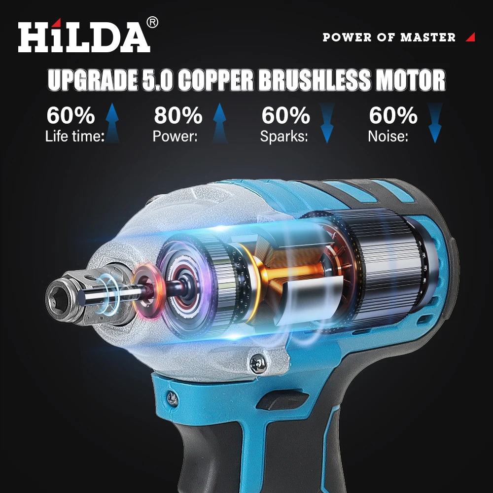 HILDA 18V Blue Brushless/Brushed Electric Impact Wrench Rechargeable 1/2 Socket Wrench Cordless for Makita Battery