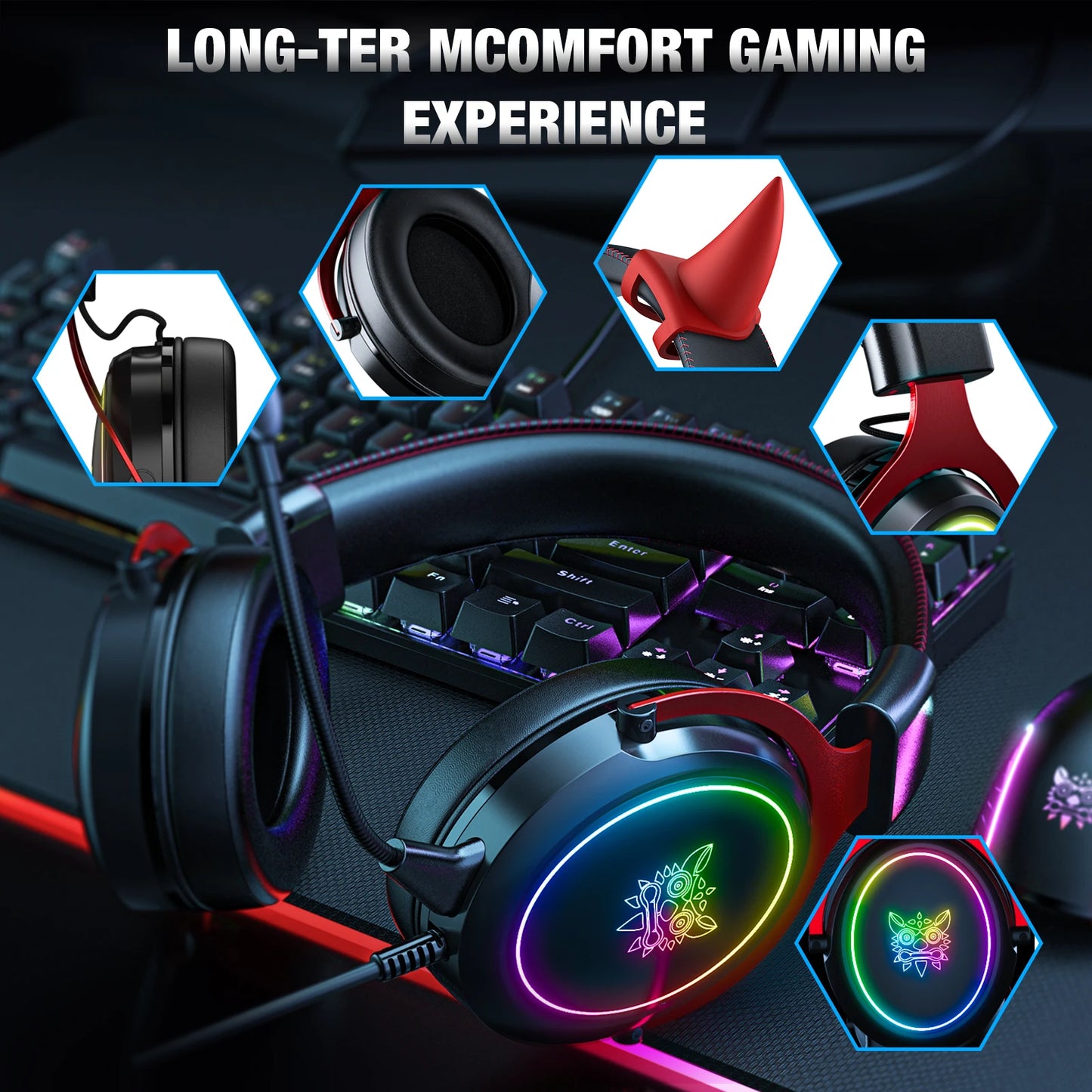 onikuma 2025 NEW Gaming Cute Headset, Wired Over-Ear Headphones with Noise Cancelling Microphone, Surround Sound, LED Backlight