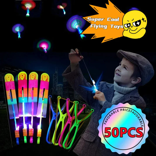 New 50/30/10/5/1 Super Cool Lighted Toys Flying Spinning Toys LED Lighted Toys Best Gift for Kids Rubber Band Slingshot