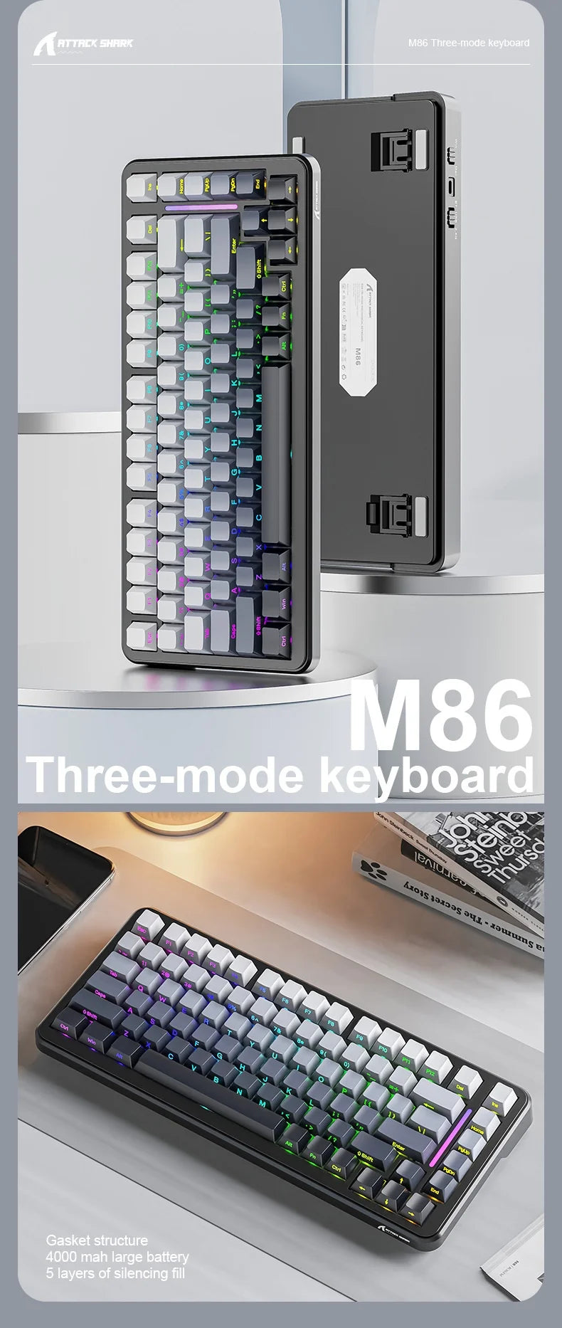 Attack Shark M86rgb Three-Mode Wireless Bluetooth Hot Plug Engraving Mechanical Keyboard Blueberry Axis Surprise Gift