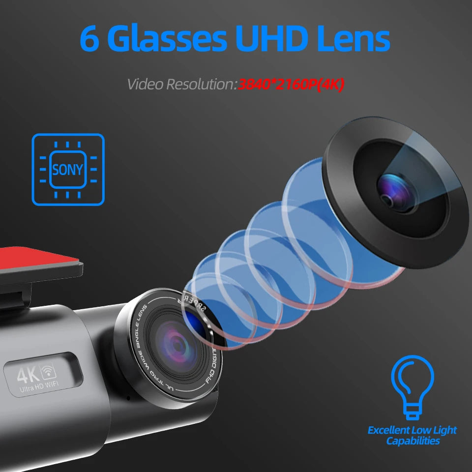 Dash Cam Dual Lens 4K UHD Recording Car Camera DVR Night Vision Video Recorder With GPS Wi-Fi Room Black Box Rear View Camera
