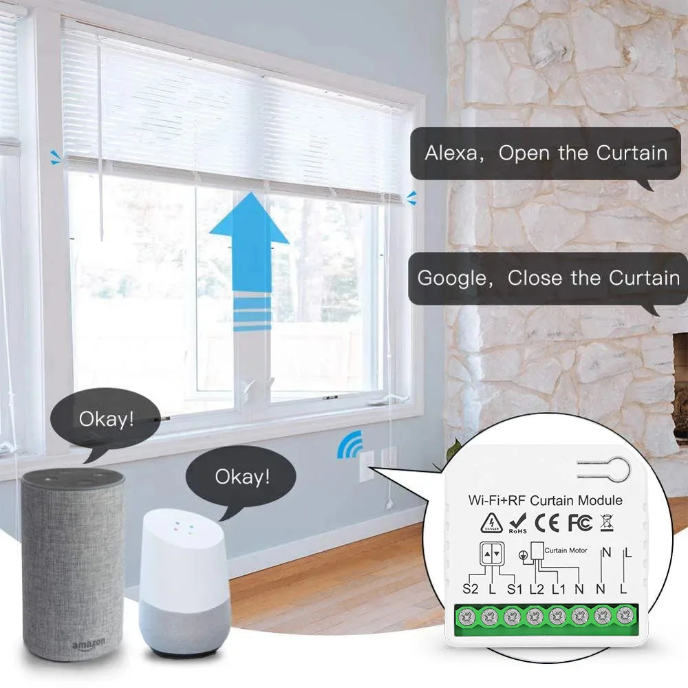 Tedeligo Tuya WiFi RF Smart Curtain Switch,110V 220V Roller Shutter Blinds Control Module with Wireless Remote,work with Alexa
