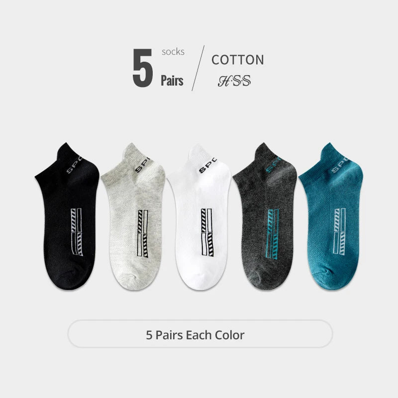 HSS 5Pairs Organic Cotton Men Socks Ankle Breathable Mesh Sports Sock Casual Athletic Summer Thin Short Sokken Plus Size EU40-46