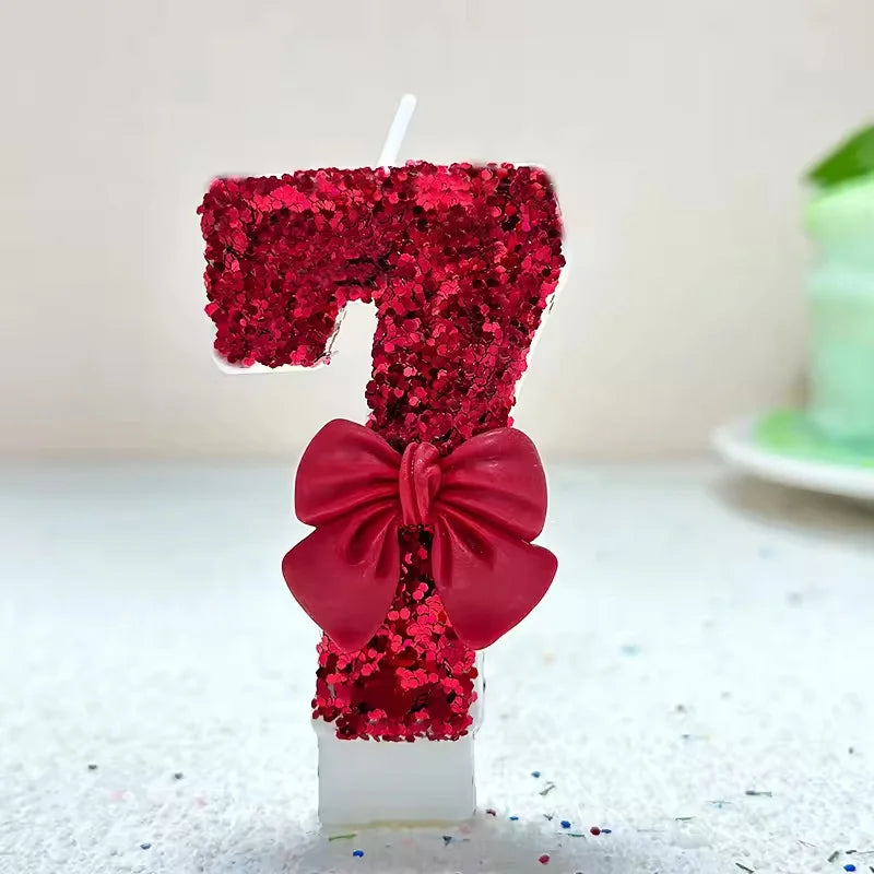 Sanrio 0-9 digit Birthday Candles,Lotus root pink bow tie with Glitter Sequins,  Suitable for Birthday Party Cake Decoration