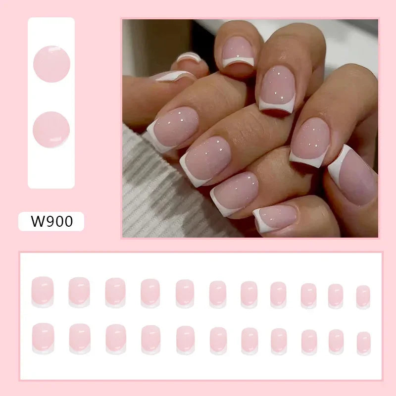Gold Pink Wine Red 24 Pcs Fake Nail with Jelly sticker Press on False Nails Wearable Round Head Oval Full Cover Nail Tips