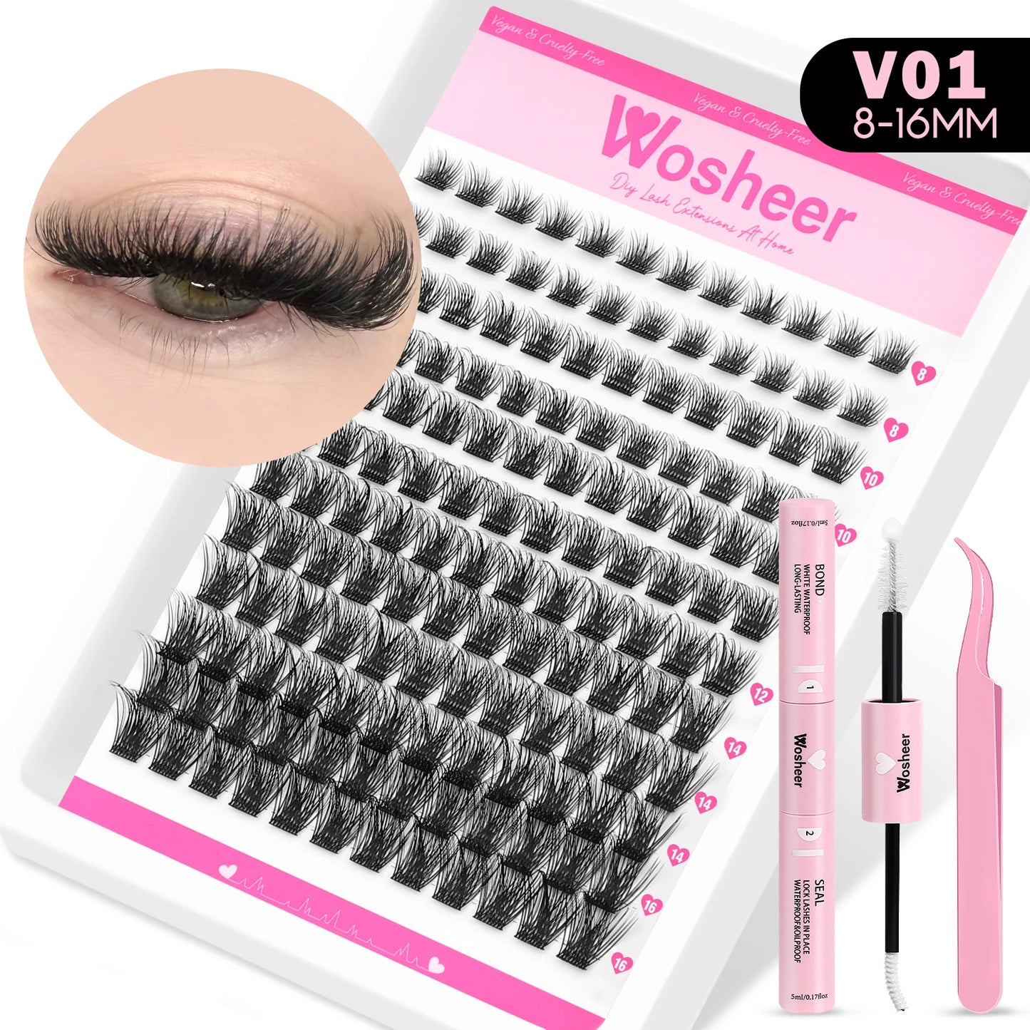 WOSHEER Lashes Cluster Kit Cat Lashes DIY Natural Eyelash Extension Kit Lash Bond & Seal Eyelash Clusters Set Makeup