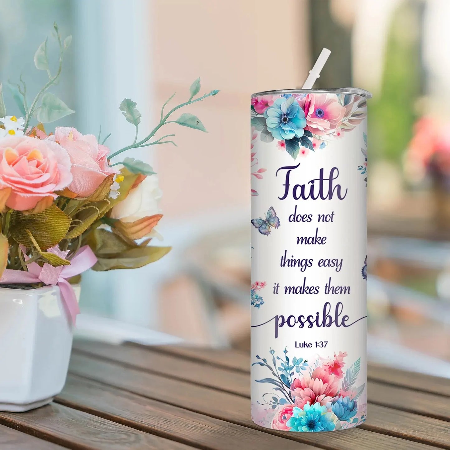 1pc Faith Does Not Make Things Easy It Makes Them Possible Tumbler With Straw 20oz Stainless Steel Christian Water Bottle