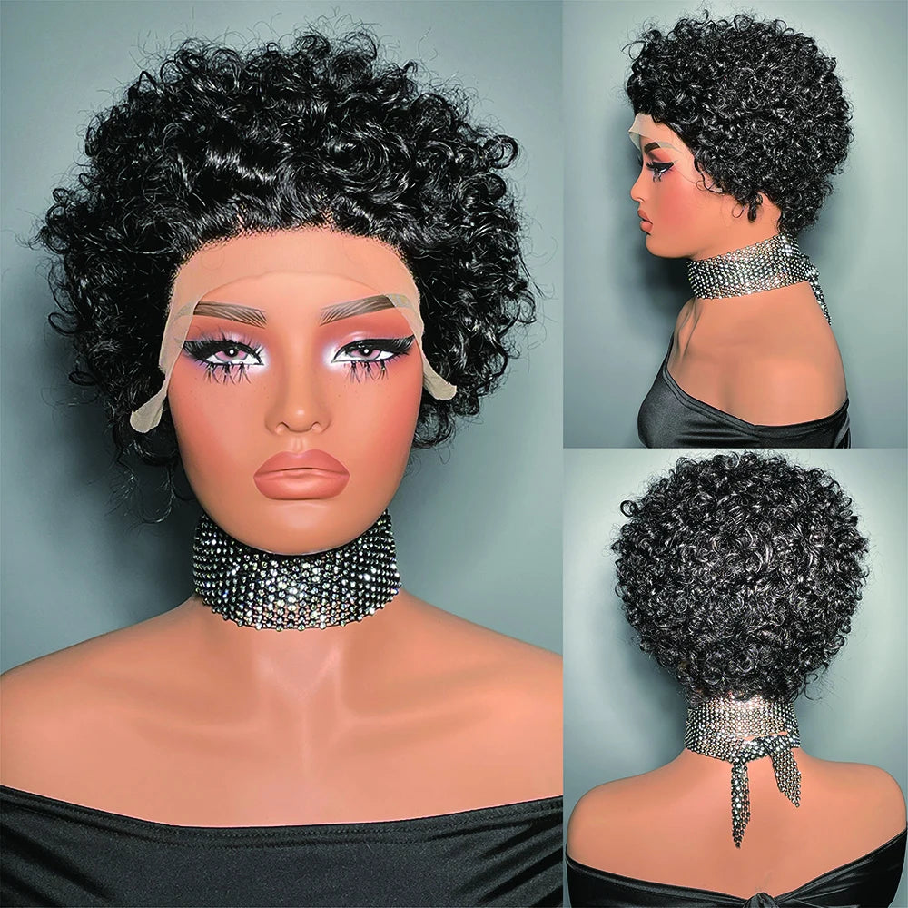 99J Wigs Human Hair Cheap Pixie Cut Wig 13X1 Transparent Lace Wig For Women Short Curly Human Hair Wig 180 Density