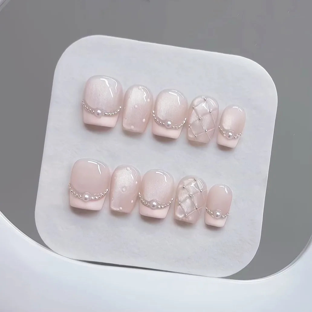 10pcs Handmade Press on Nails Plaid Pearl French Cat's Eye Aurora Fishtail Full Coverage Nail Tip for Women&Girl Removable Nail