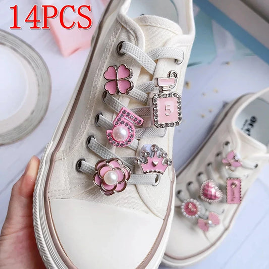 14Pcs NEW Pink Shoe Buckle Shoe Lace Charms for Sneaker Pearl Heart Shoe Lace Decoration Charms Fashion DIY Shoe Accessories