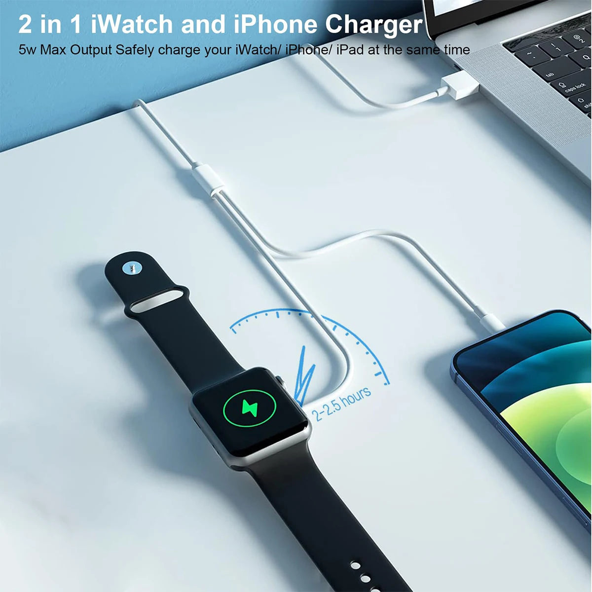 2 in 1 Cable for Apple Watch Charger series 9 8 7 6 5 4 3 USB Fast Portable Charging Station for iphone 14 13 12 11 Pro Max Plus