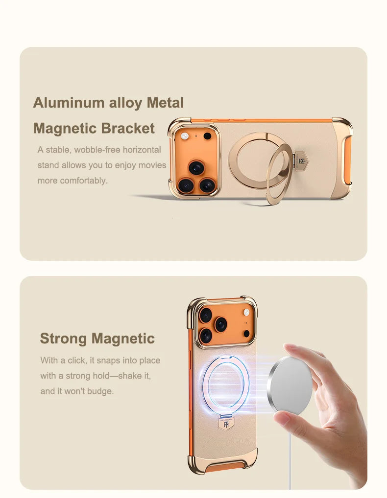 Luxury Leather Ultra Thin Frameless Magnetic Case For iPhone 17 16 15 14 13 Pro Max 17Air 17Pro Metal Bracket Anti-Drop Bumper