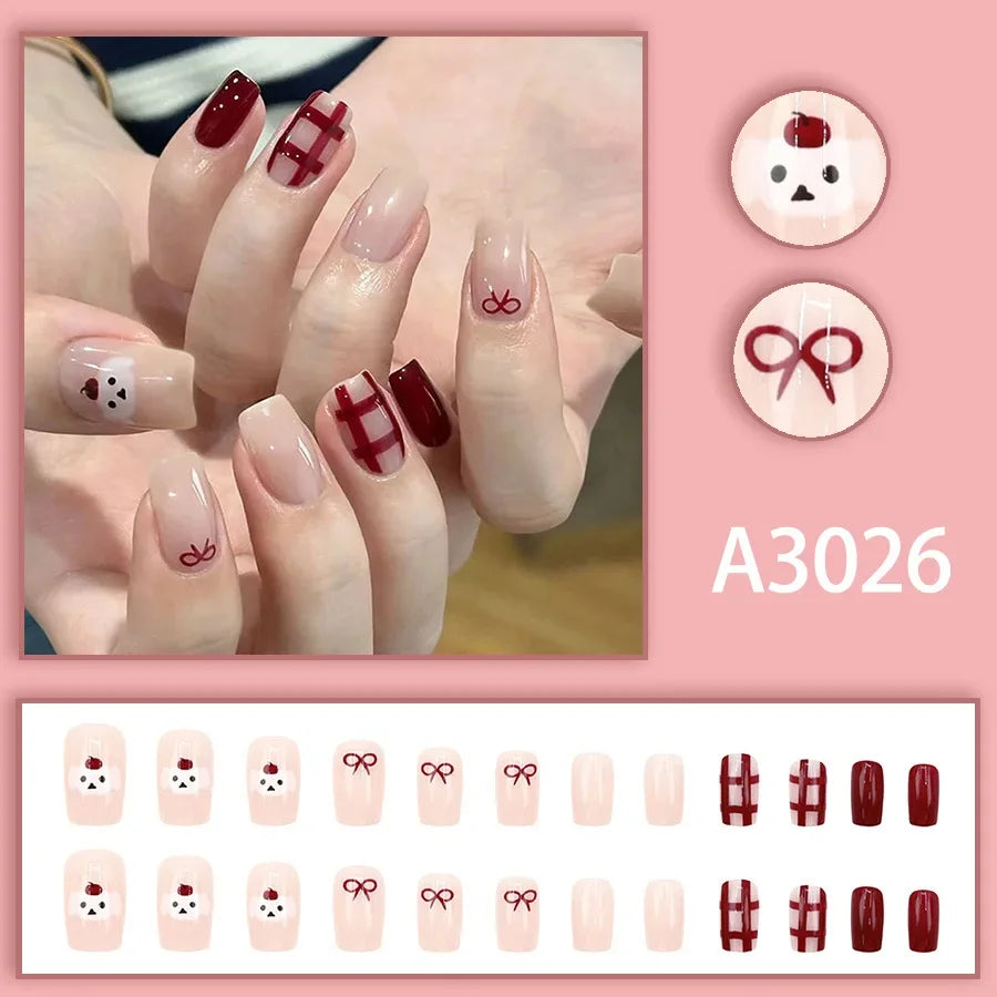 Watercolor Rose Fake Nail with Jelly sticker Press on False Nails Wearable Round Head Oval Full Cover Nail Tips