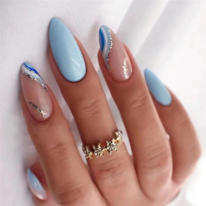 24Pcs/Set Black French Fake Nails Chips Removable Almond Shape Pointed Wearing False Nails Full Cover Stick Press on Nail Tips