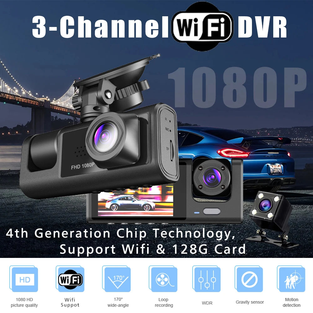 WiFi 3 Channel Dash Cam Three Way Car DVR Inside Vehicle Camera Recorder HD1080P Video Mini Registrator Cabin Dashcam Camcorder