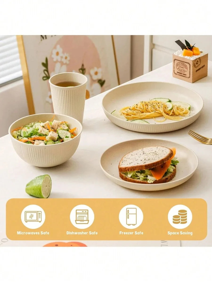4/16/24pcs Plastic Dinnerware Set,  Reusable Cup, Plate And Bowl Set, Suitable For Camper, Camping, Picnic, Dormitory, Beige