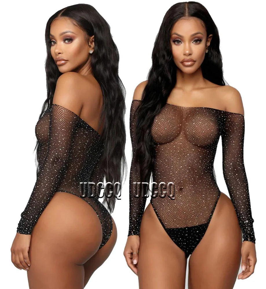 lingerie women sexy Babydoll mujer Underwear Catsui diamante Glisten rhinestone notte Intimo sexy dress for sex langerie+glove