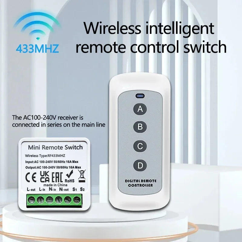 Smart Wireless Switch 433Mhz 16A 4Key RF Switch Module Remote Control AC 100V-240V Mini Relay Receiver Light Fan Garage Door