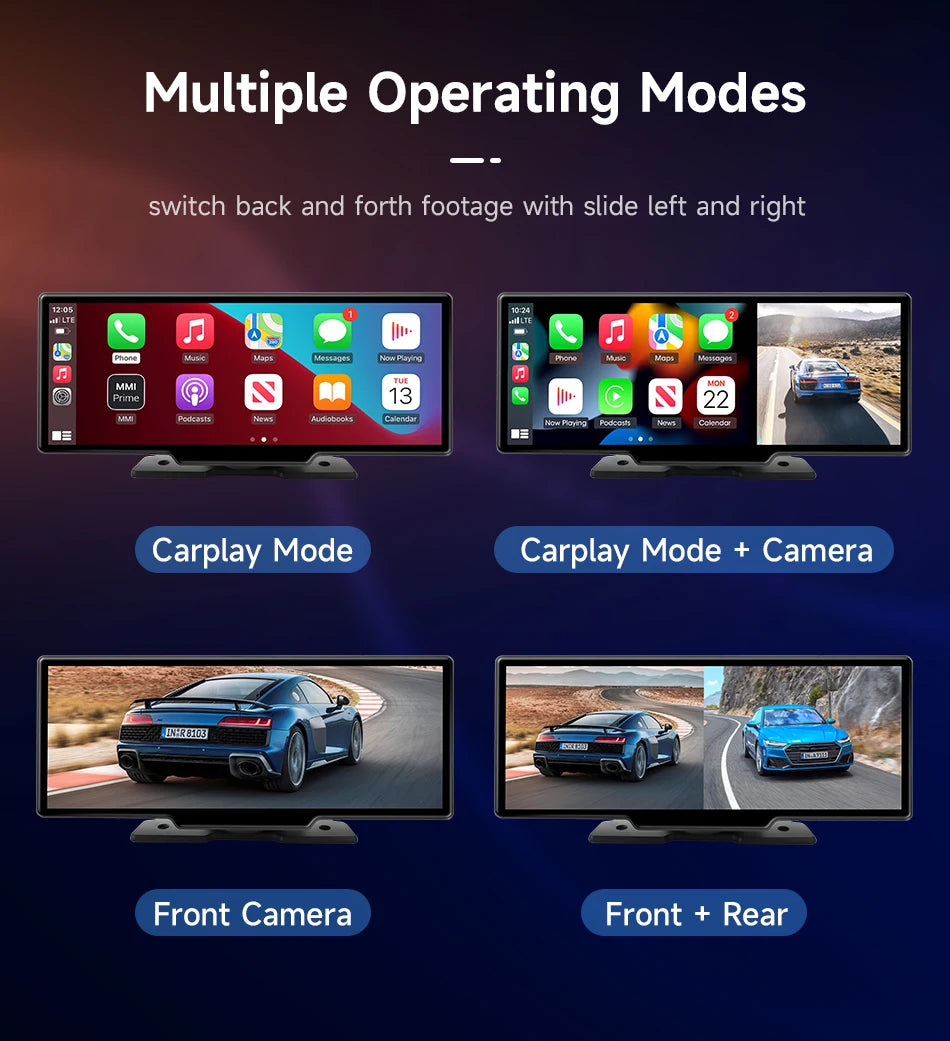 10.26" Car DVR Carplay Android Auto Dashcam 4K 3840*2160 Front And 1080P Rear Camera Voice Control BT FM GPS Recorder Dual lens