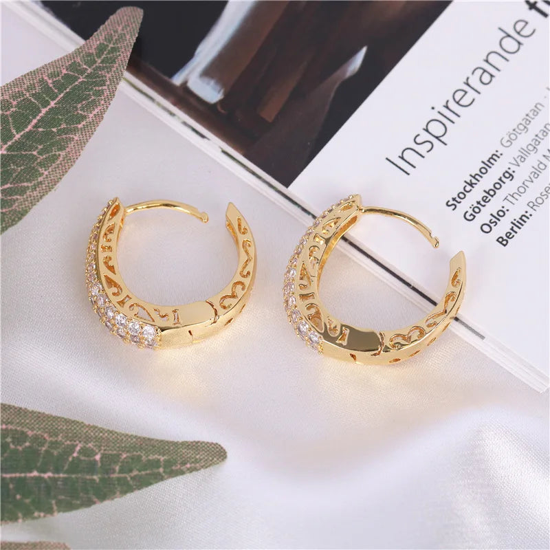 Huitan Luxury Paved CZ Hoop Earrings for Women Gold Color Hollow Out Design Temperament Female Ear Accessories Fashion Jewelry