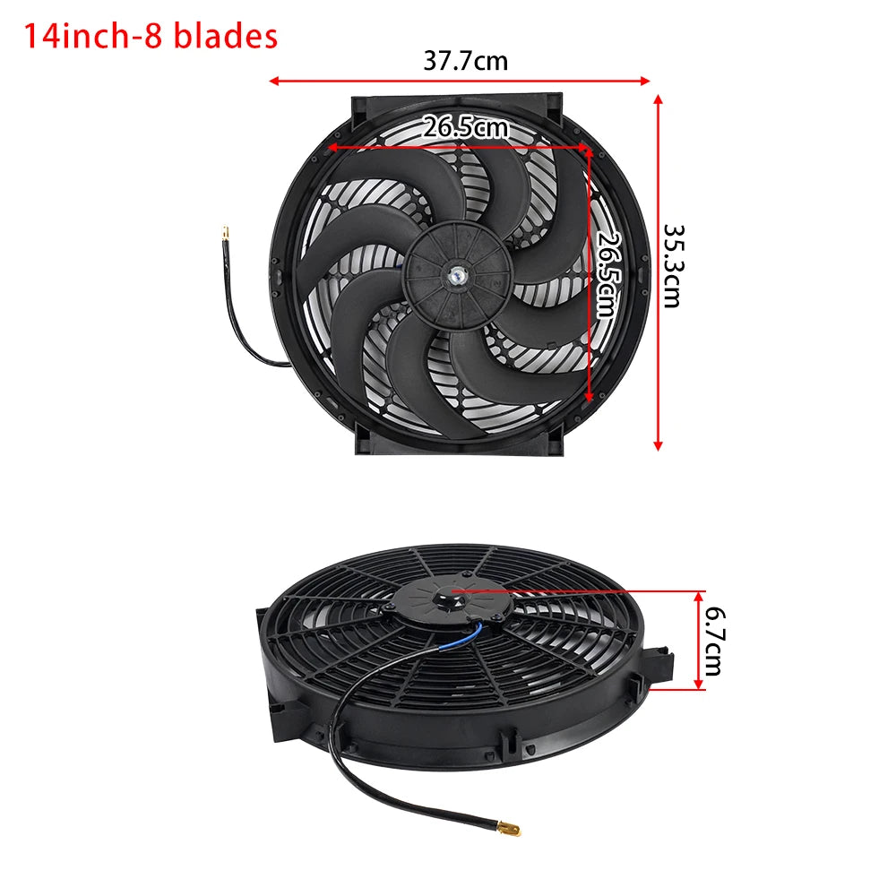 Universal 7/9/10/12/14/16 Inch 12V 80W 2100RPM Car Air Conditioning Cooling Fan Blade Cool Mounting Kit CF-1001 Black CF-1001