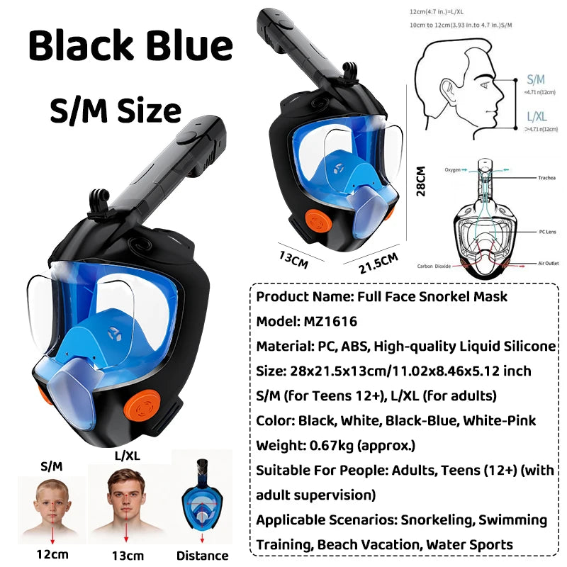 Full Face Snorkel Mask 180° Panoramic View Dry Top Snorkel Anti-Fog Leak-Proof Safe Breathing Swimming Diving Gear for Adults
