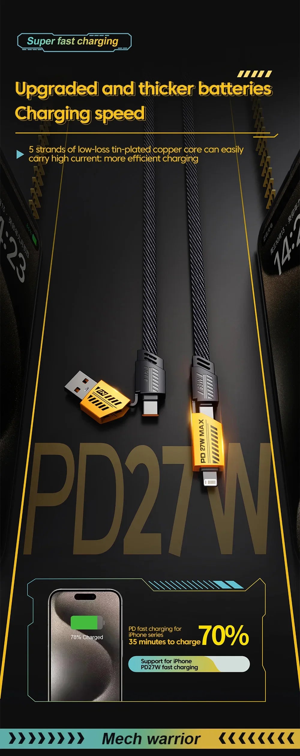 4 in 1 PD 65W 27W USB Cable Type C Dual Connector Lighting Mecha Style Fast Charging USB C Cable For iPhone 15 Samsung Xiaomi