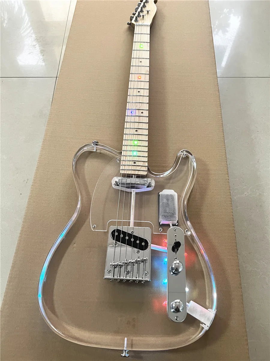 High quality classic acrylic transparent Plexiglass crystal 6-string electric guitar LED lights Maple guitar neck Free shipping