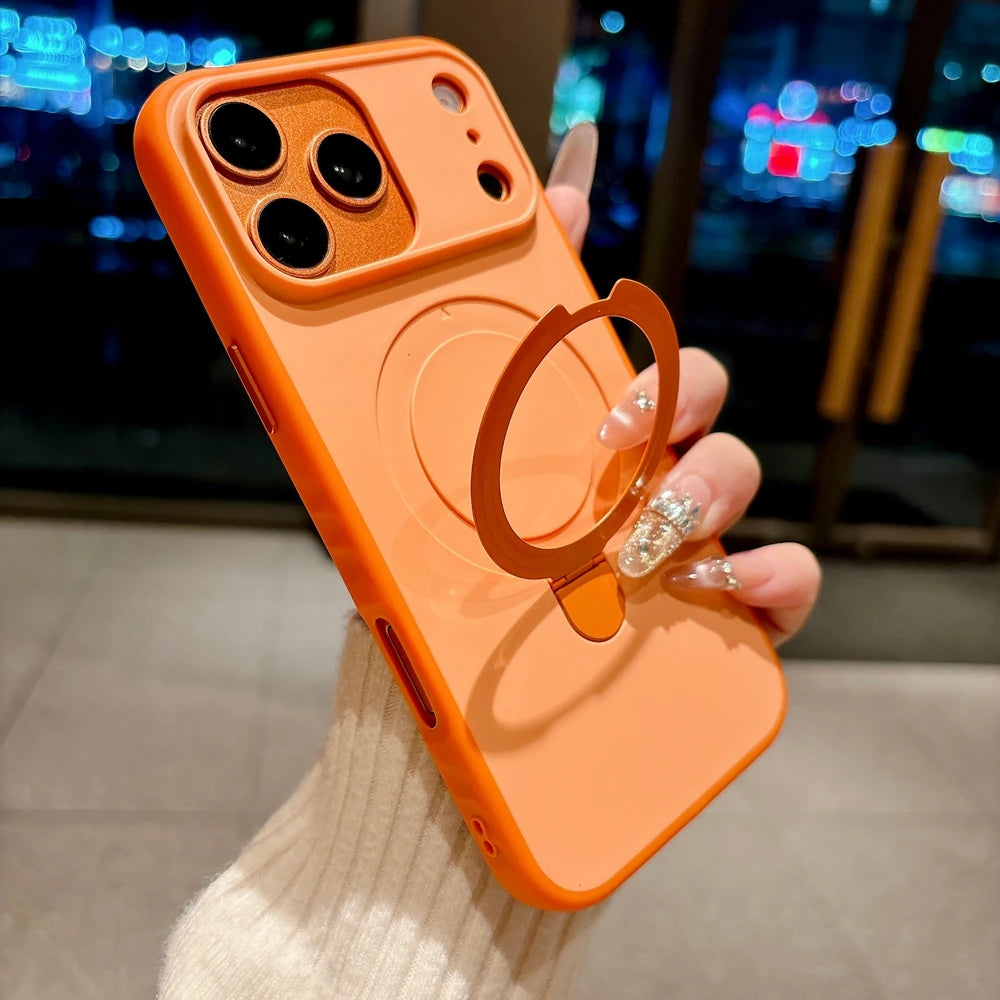 Luxury Skin Feel for Magsafe Phone Case For iPhone 17 16 13 15 Pro Max 14 Plus Magnetic Bracket Stand Anti-slip PC Cover