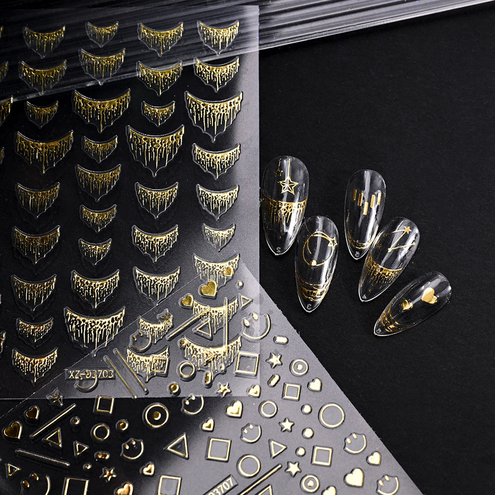 12Pcs Gold/Silver Tasse/Line/Star/Moon 3D Nail Art Stickers Leaf/Geometric Design Self-adhesive Sliders Luxury Manicure Decals