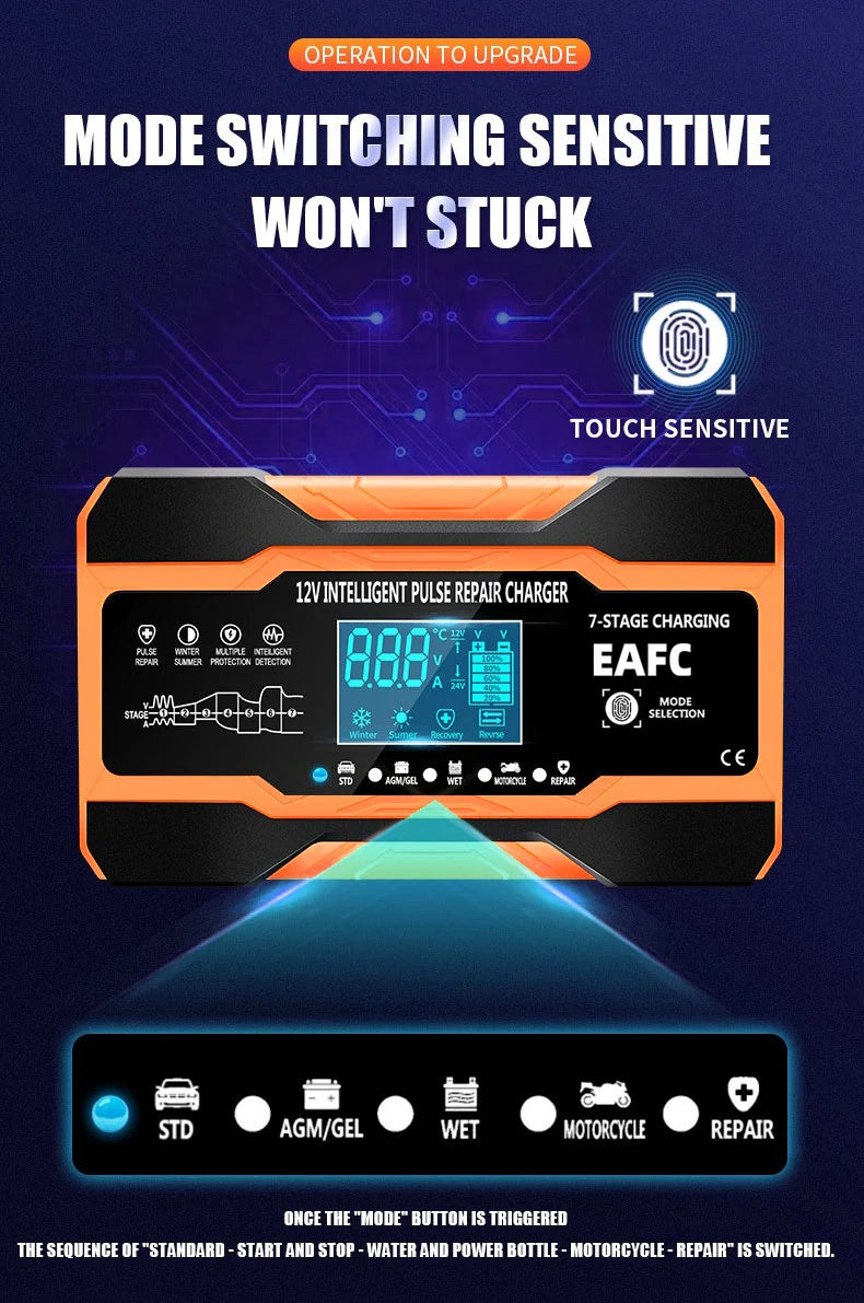 12V 24V 12A 10A Battery Charger Smart Fast Charging for Car Batteries 7-Stage Charge Pulse Repair for AGM GEL WET Lead Acid