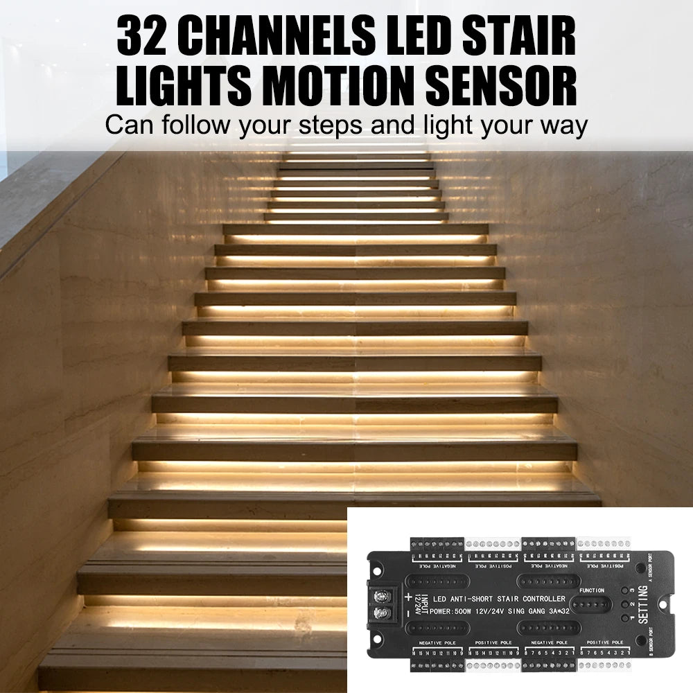 LED Motion Sensor Adjustable Brightness Automatic 32 Channels Stair Light Controller Kit DC 12V 24V For Stairs Flexible Strip